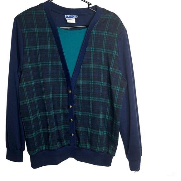 Sweaters - Vintage Cape Cod Faux Cardigan Sweater, Plaid, Button Front, Blue, MEDIUM, USA